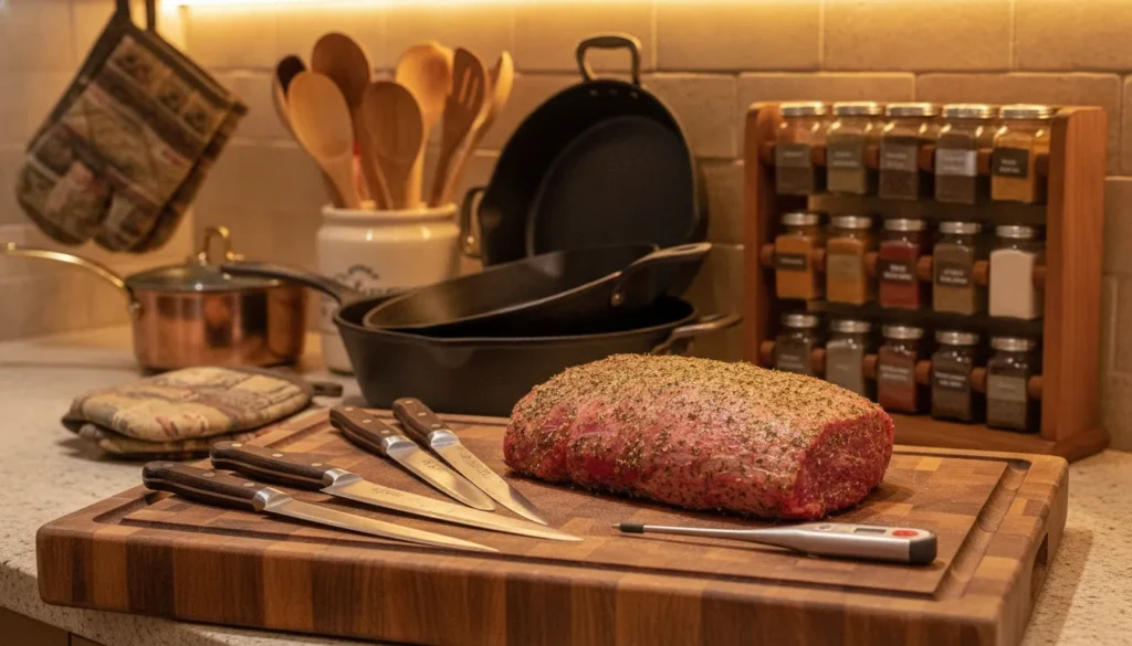 A beautifully arranged kitchen countertop, highlighting essential tools and equipment for cooking a perfect rump roast. In the foreground, a sturdy wooden cutting board showcases a marinated rump roast, surrounded by sharp knives and a meat thermometer. In the middle, pots, pans, and utensils are neatly organized, including a roasting pan and a pair of oven mitts. In the background, a well-stocked spice rack displays various seasoning jars, and the kitchen has warm, inviting lighting that evokes a sense of warmth and comfort. A shallow depth of field captures the intricacies of the tools while blurring the background slightly, creating a professional and polished look. The mood is homely and encouraging, suggesting culinary success. A beautifully arranged kitchen countertop, highlighting essential tools and equipment for cooking a perfect rump roast. In the foreground, a sturdy wooden cutting board showcases a marinated rump roast, surrounded by sharp knives and a meat thermometer. In the middle, pots, pans, and utensils are neatly organized, including a roasting pan and a pair of oven mitts. In the background, a well-stocked spice rack displays various seasoning jars, and the kitchen has warm, inviting lighting that evokes a sense of warmth and comfort. A shallow depth of field captures the intricacies of the tools while blurring the background slightly, creating a professional and polished look. The mood is homely and encouraging, suggesting culinary success.