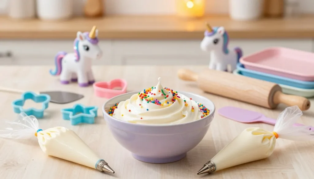 A beautifully arranged scene showcasing essential tools and ingredients for crafting a magical unicorn cake. In the foreground, a pastel-colored mixing bowl filled with shimmering white frosting, surrounded by vibrant edible glitter and rainbow-colored sprinkles. A set of delicate piping bags with ornate tips lies nearby. The middle ground features a selection of whimsical cake decorating tools such as fondant cutters in star and heart shapes, a rolling pin, and an offset spatula. In the background, a softly blurred kitchen setting with warm, inviting lighting, accentuated by a few shimmering unicorn figurines and pastel-colored baking sheets. The atmosphere is enchanting and inspiring, perfect for a novice baker dreaming of a delightful fantasy cake creation. A beautifully arranged scene showcasing essential tools and ingredients for crafting a magical unicorn cake. In the foreground, a pastel-colored mixing bowl filled with shimmering white frosting, surrounded by vibrant edible glitter and rainbow-colored sprinkles. A set of delicate piping bags with ornate tips lies nearby. The middle ground features a selection of whimsical cake decorating tools such as fondant cutters in star and heart shapes, a rolling pin, and an offset spatula. In the background, a softly blurred kitchen setting with warm, inviting lighting, accentuated by a few shimmering unicorn figurines and pastel-colored baking sheets. The atmosphere is enchanting and inspiring, perfect for a novice baker dreaming of a delightful fantasy cake creation.