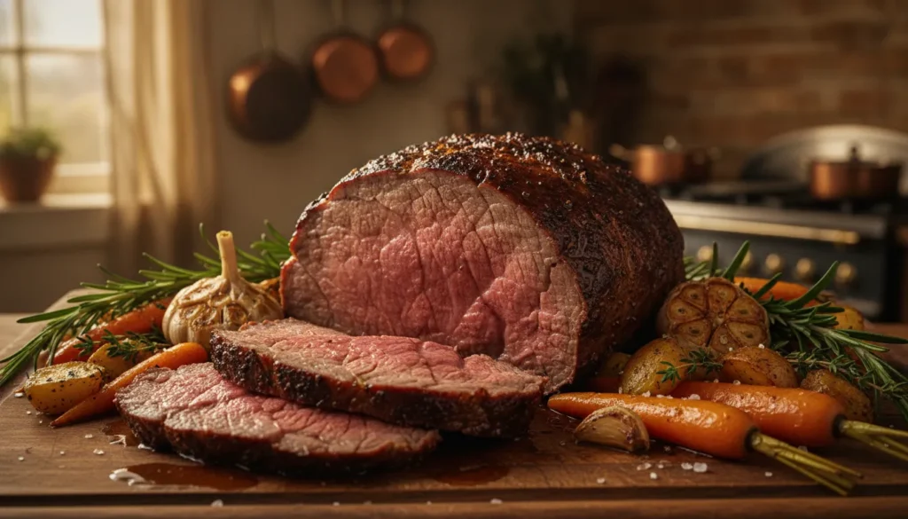 A beautifully cooked beef rump roast, glistening with a rich, brown crust and perfectly sliced to reveal its tender, juicy interior. The foreground features a wooden cutting board with freshly carved slices, showing a marbled texture and flavorful juices. The middle ground showcases the roast itself, resting on a bed of aromatic herbs like rosemary and thyme, garnished with colorful roasted vegetables such as carrots and potatoes. In the background, a softly lit kitchen setting creates an inviting atmosphere, with warm, ambient light filtering through a window. Utilize a close-up angle to emphasize details, with a shallow depth of field to blur the background slightly, enhancing the focus on the roast. The overall mood is warm and appetizing, evoking a sense of home-cooked comfort and culinary artistry. A beautifully cooked beef rump roast, glistening with a rich, brown crust and perfectly sliced to reveal its tender, juicy interior. The foreground features a wooden cutting board with freshly carved slices, showing a marbled texture and flavorful juices. The middle ground showcases the roast itself, resting on a bed of aromatic herbs like rosemary and thyme, garnished with colorful roasted vegetables such as carrots and potatoes. In the background, a softly lit kitchen setting creates an inviting atmosphere, with warm, ambient light filtering through a window. Utilize a close-up angle to emphasize details, with a shallow depth of field to blur the background slightly, enhancing the focus on the roast. The overall mood is warm and appetizing, evoking a sense of home-cooked comfort and culinary artistry.