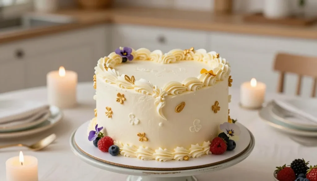 A beautifully crafted heart-shaped cake, elegantly decorated with smooth pastel-colored fondant. The cake features delicate frosting flowers and intricate piping designs in white and gold. In the foreground, the cake sits on a vintage-style cake stand, adorned with fresh berries and edible flowers for a fresh touch. The middle ground includes a softly blurred table setting with romantic candles and elegant tableware, enhancing the alluring atmosphere. The background showcases a softly lit, warm kitchen environment with subtle hints of celebration, creating an inviting feel. Use soft, natural lighting to illuminate the cake, capturing its textures and colors, with a slight shallow depth of field to draw focus on the heart-shaped design while maintaining a harmonious ambiance. A beautifully crafted heart-shaped cake, elegantly decorated with smooth pastel-colored fondant. The cake features delicate frosting flowers and intricate piping designs in white and gold. In the foreground, the cake sits on a vintage-style cake stand, adorned with fresh berries and edible flowers for a fresh touch. The middle ground includes a softly blurred table setting with romantic candles and elegant tableware, enhancing the alluring atmosphere. The background showcases a softly lit, warm kitchen environment with subtle hints of celebration, creating an inviting feel. Use soft, natural lighting to illuminate the cake, capturing its textures and colors, with a slight shallow depth of field to draw focus on the heart-shaped design while maintaining a harmonious ambiance.