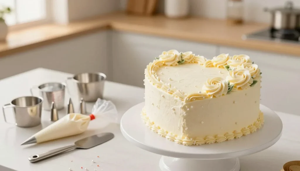 A beautifully crafted heart-shaped cake sits elegantly on a pristine white pedestal stand in the foreground, showcasing intricate decorations of delicate frosting roses and shimmering edible pearls. The middle ground features an assortment of essential baking tools, including a set of precision measuring cups, a piping bag with various nozzles, and a sleek offset spatula, all arranged neatly to illustrate a professional baking setup. In the background, a soft-focus kitchen scene hints at a warm, inviting atmosphere, with gentle sunlight filtering through a window, casting a soft glow on the cake. The image captures a sense of creativity and joy associated with baking, inviting viewers to imagine the delightful process of creating a perfect heart-shaped cake for any special occasion. A beautifully crafted heart-shaped cake sits elegantly on a pristine white pedestal stand in the foreground, showcasing intricate decorations of delicate frosting roses and shimmering edible pearls. The middle ground features an assortment of essential baking tools, including a set of precision measuring cups, a piping bag with various nozzles, and a sleek offset spatula, all arranged neatly to illustrate a professional baking setup. In the background, a soft-focus kitchen scene hints at a warm, inviting atmosphere, with gentle sunlight filtering through a window, casting a soft glow on the cake. The image captures a sense of creativity and joy associated with baking, inviting viewers to imagine the delightful process of creating a perfect heart-shaped cake for any special occasion.