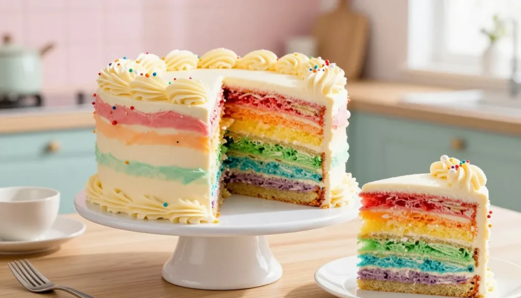 A beautifully layered rainbow cake, showcasing vivid colors of red, orange, yellow, green, blue, and purple, stacked high on an elegant white cake stand. Each layer is fluffy and perfectly frosted with smooth, pastel-colored buttercream, adorned with delicate edible pearls and colorful sprinkles. In the foreground, a slice of the cake is carefully cut out, revealing the vibrant cross-section of layers. The background features a soft, pastel-colored kitchen setting with a wooden table and utensils, gently blurred to emphasize the cake. Soft, diffused natural light streams in from a nearby window, creating a warm and inviting atmosphere. Capture this scene from a slightly overhead angle to highlight the cake's grandeur and intricate details. A beautifully layered rainbow cake, showcasing vivid colors of red, orange, yellow, green, blue, and purple, stacked high on an elegant white cake stand. Each layer is fluffy and perfectly frosted with smooth, pastel-colored buttercream, adorned with delicate edible pearls and colorful sprinkles. In the foreground, a slice of the cake is carefully cut out, revealing the vibrant cross-section of layers. The background features a soft, pastel-colored kitchen setting with a wooden table and utensils, gently blurred to emphasize the cake. Soft, diffused natural light streams in from a nearby window, creating a warm and inviting atmosphere. Capture this scene from a slightly overhead angle to highlight the cake's grandeur and intricate details.